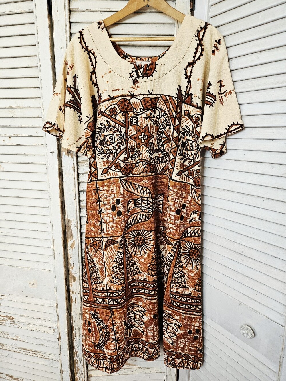 Vintage 70s Hawaiian Printed Mini Dress Earth Tones Small Made In Hawaii